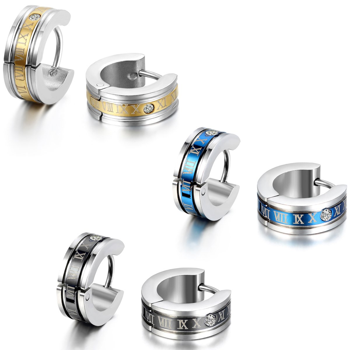 JewelryWe 3 Pairs of Unisex Stainless Steel Roman Numbers Huggie Hinged Hoop Dangle Earrings Set, Hypoallergenic, 6pcs