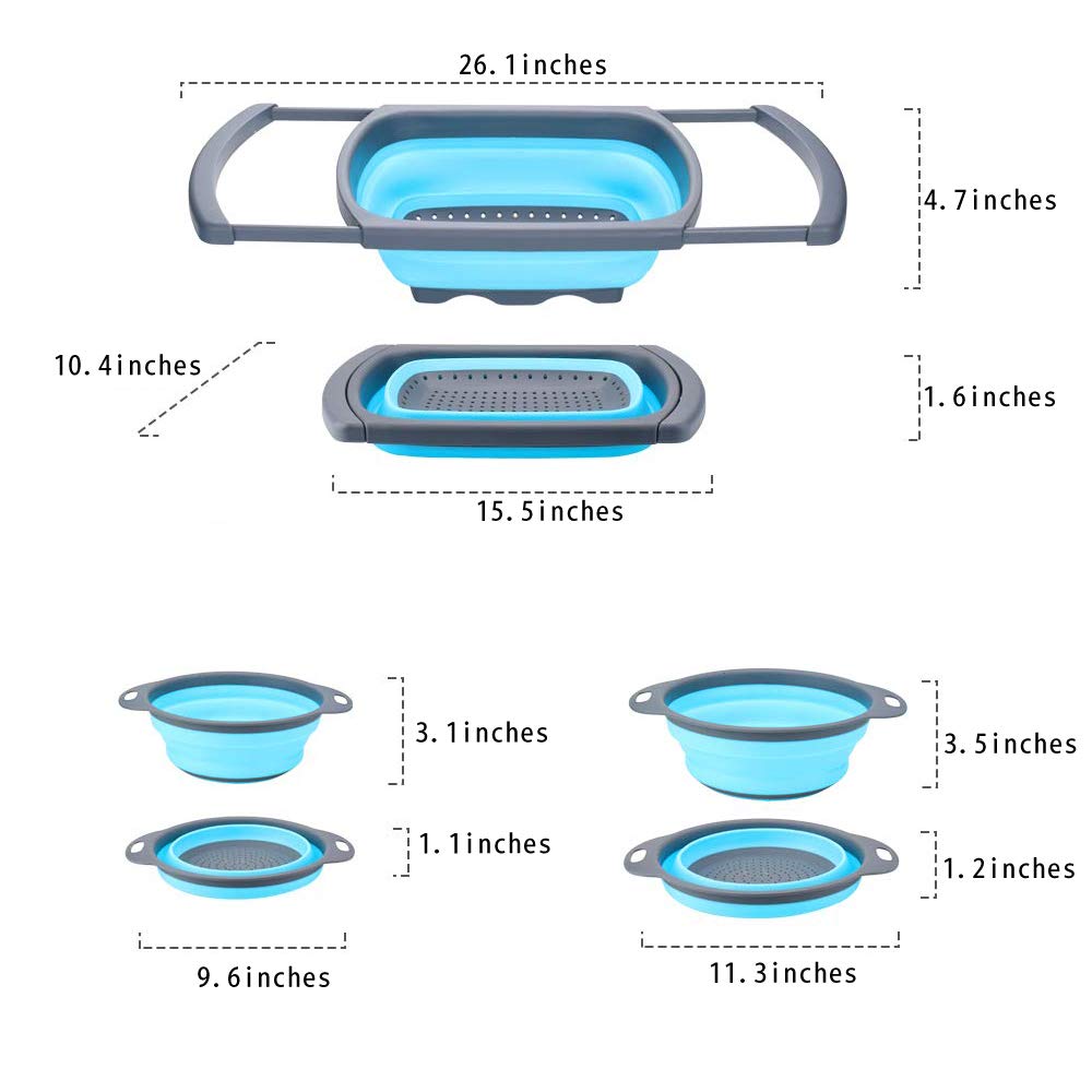 Collapsible Colander - Over the kitchen sink strainer - Silicone Kitchen Strainer Set of 3-6 quart,3 Quart and 2 Quart for Draining Pasta, Vegetable and Fruit (Blue)