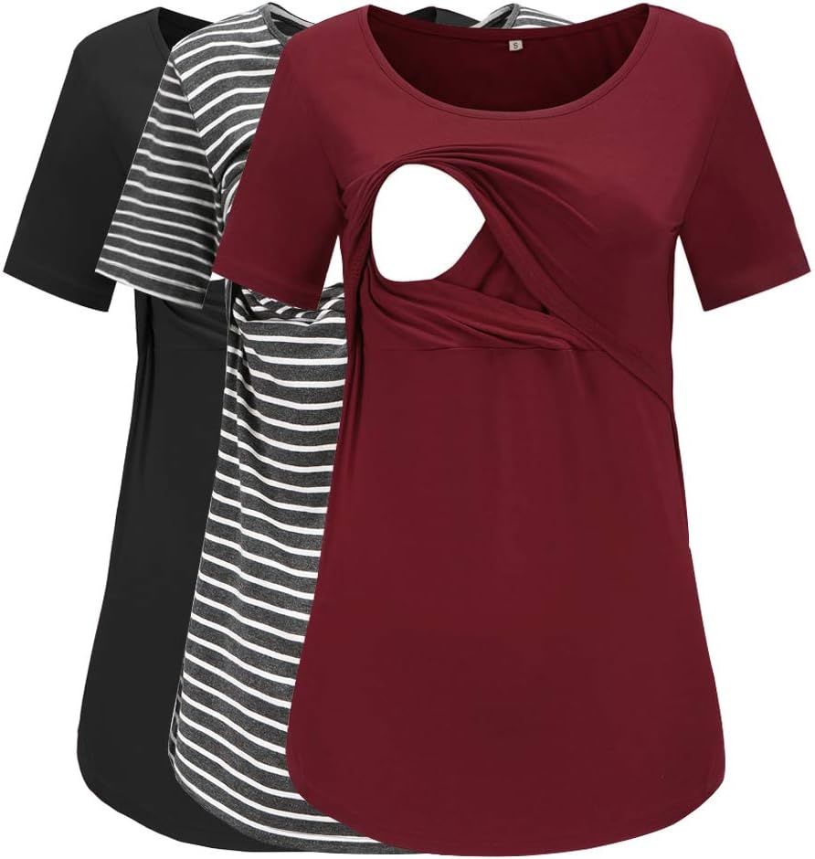 Women's 3 Pack Maternity Nursing Tops Long Sleeve Round Neck Breastfeeding Shirt Tunic