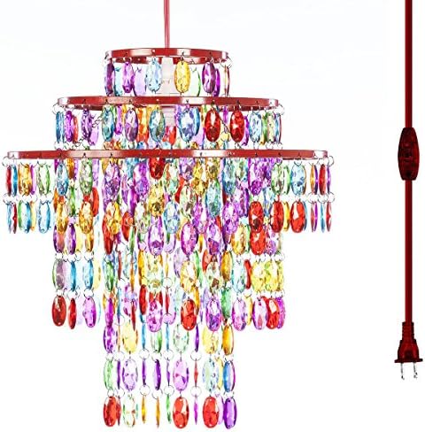 The Original Gypsy Color One Light Plugin Chandelier with Three Tiers of Hanging Crystals H14 W13, Red Metal Frame with Multicolor Acrylic Crystals