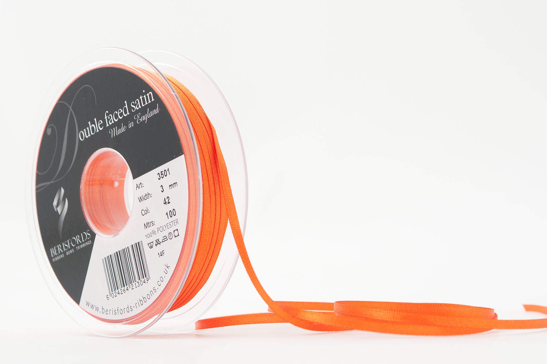 Berisfords Double Faced Satin Ribbon, Orange Delight, 3 mm Width, 100 metre Length