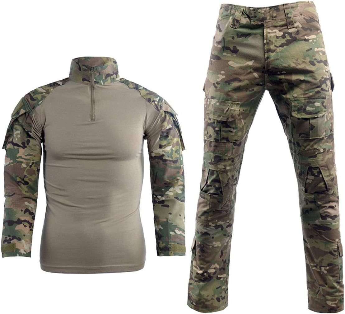 Men Combat T Shirt and Pant Set 1/4 Zip Camo Military Tactial Uniform with Long Sleeve BDU Airsoft Hunting Shirt