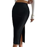 Ladybranch Women's Casual Midi Ribbed Knit Skirt with Side Slit Stretchy Work Business Casual Pencil Pull-On Skirts