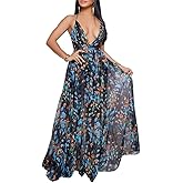 Remelon Womens Sexy Spaghetti Strap Deep V Neck Floral Boho Criss Cross Backless Chiffon Beach Party Long Maxi Dress