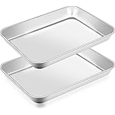 COCPOK 2 Pack Baking Sheet, 6.9 x 9.2 x1 Inch Stainless Steel Cookie Sheet, Toaster Oven Tray Pans, Heavy Duty Baking Pans for Kitchen, Bakings Tray for Oven, Easy Clean & Dishwasher Safe
