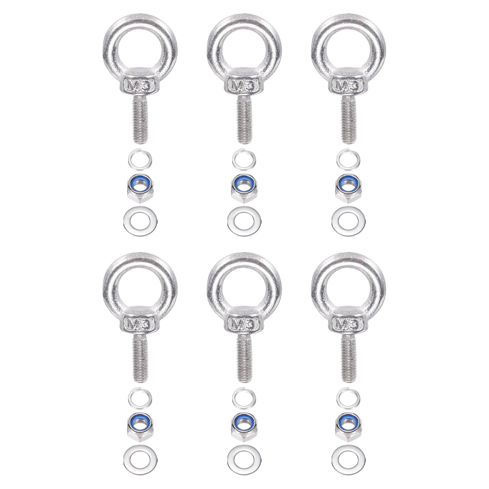 PATIKIL M3 x 9mm Lifting Shoulder Eye Bolt, 6Pcs 304 Stainless Steel Lifting Ring Threaded Eyebolt with Nuts Washers for Hanging Hammocks Articles