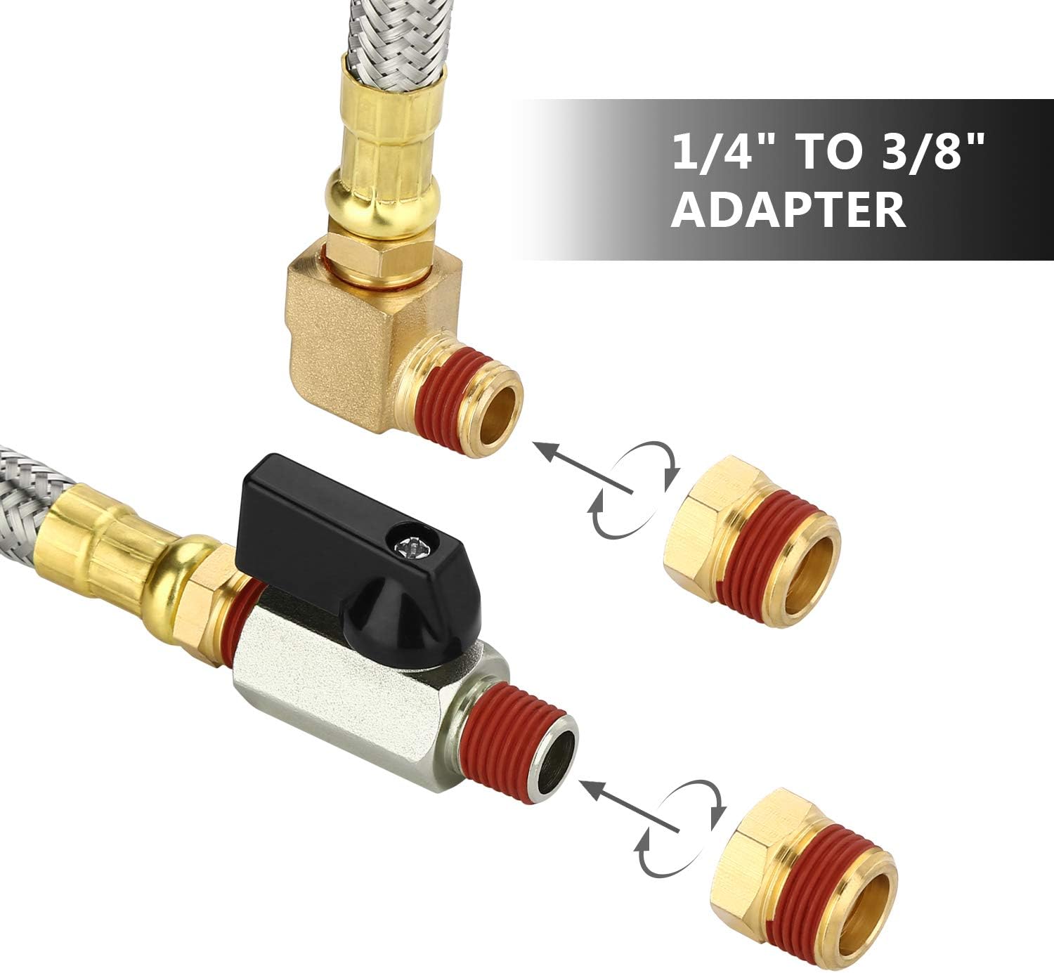 HK Extended Tank Drain Valve Assembly, 10 Inch Flexible Braided Steel Tube Air Compressor Tank Drain Hose 1/4 inch NPT, 90 Degree Brass Elbow Shut-Off Ball Valve, Pipe Fitting and Thread Seal Tape - - 