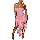 Women's Mini Dress Sexy Halter Backless Ruffle Fringe Bodycon Short Dress Cocktail Party Beach Vacation Sundress