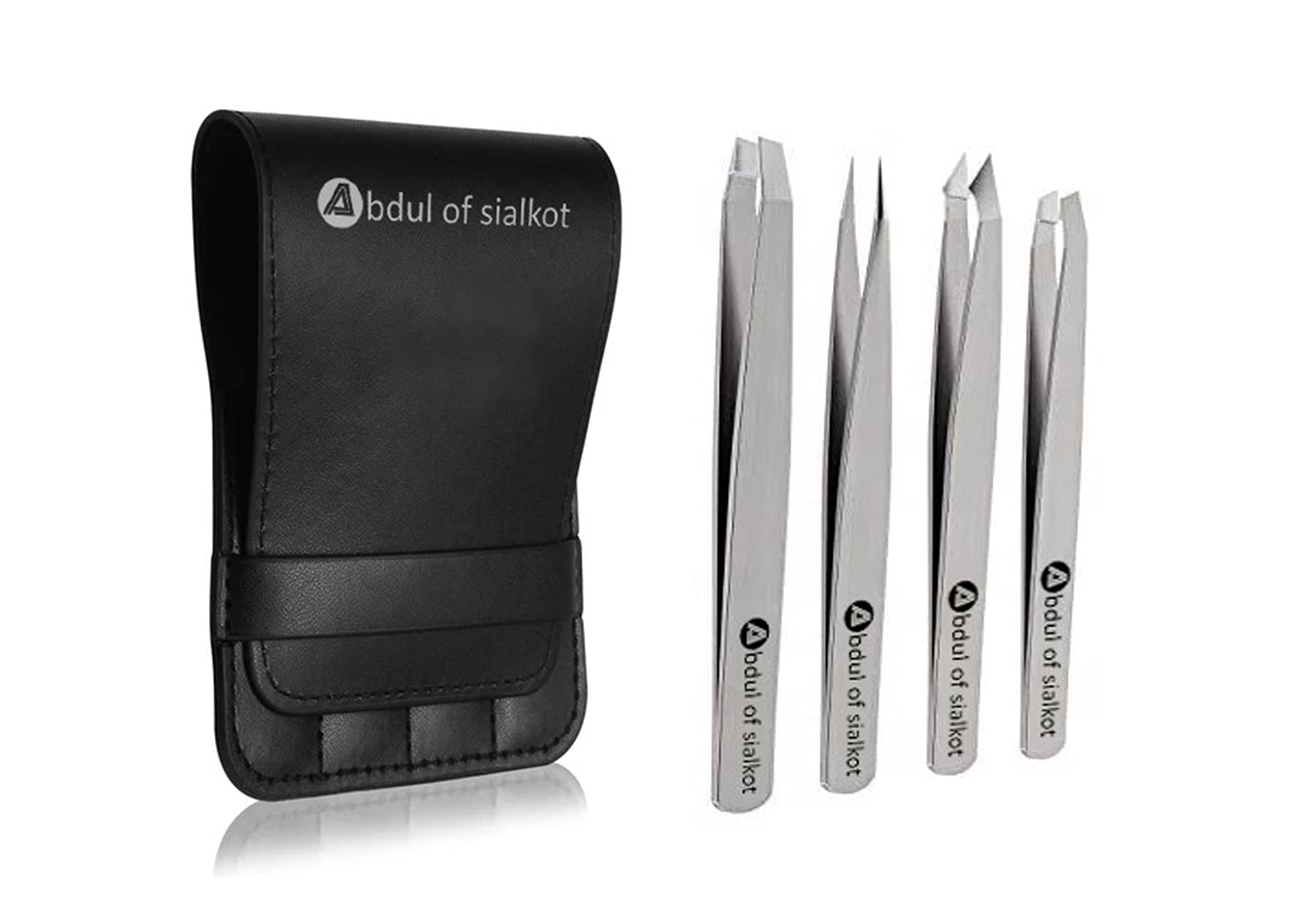 Abdul of Sialkot Eyebrow Tweezer Set for Women & Men,Professional Slant and Pointed Tweezers Set with Case,Precision Tweezers Kit for Facial Hair, Splinter and Ingrown Hair Removal ((Sliver 4 piece))