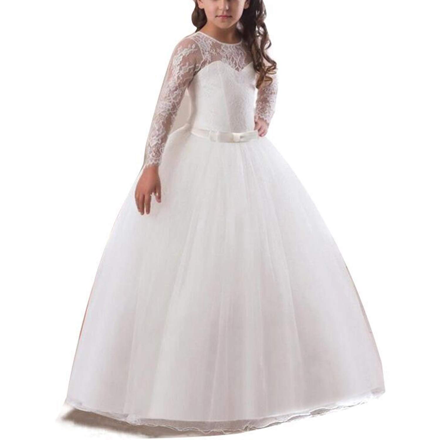 Nnjxd Girl Long Sleeves Embroidery Tulle Princess Wedding Dress Size 150 9 10 Years White
