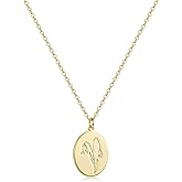 Fremttly Oval Coin Pendant Necklace 12 Month Birth Flower Disc Necklace 14K Gold Plated Dainty Personalized Gift