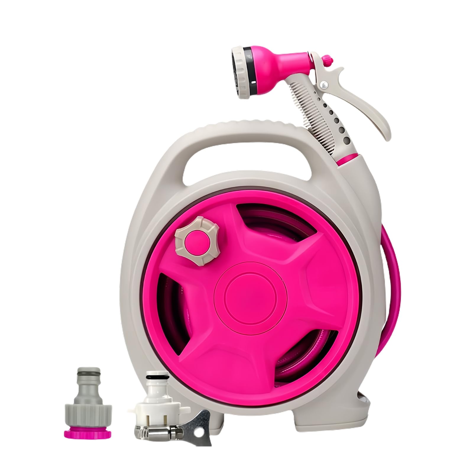 Photo 1 of Telescopic garden hose reel, 5/8 inch x 50 foot portable hose reel, with 6-function spray nozzle, manual recovery system (Rose Red)