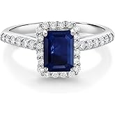 Gem Stone King 10K White Gold Blue Sapphire and White Lab Grown Diamond Halo Engagement Wedding Ring For Women | 1.90 Cttw ֿ| Emerald Cut 7X5MM | Wedding Anniversary Promise Ring For Women