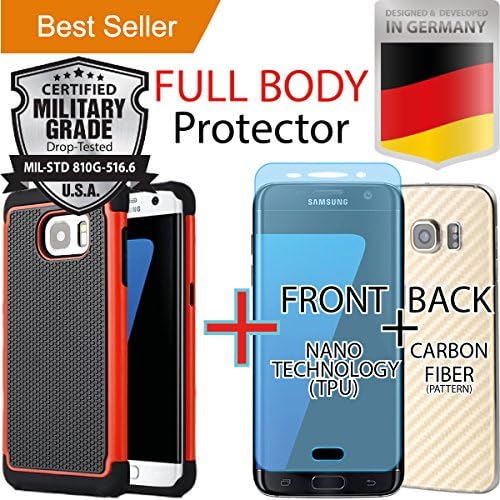 Samsung Galaxy S7 Edge [5.5] Pack [Heavy Duty] Case + [FULL BODY COVERAGE] (Front [TPU] + Back [Carbon Fiber]) Screen Protector [Dual Layer] Hybrid [Shock Absorbent] Cover [Anti Scratch] Red