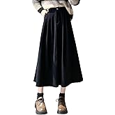 chouyatou Women's Vintage Corduroy A Line Skirt High Elastic Waist Pleated Swing Midi Long Skirt with Pockets