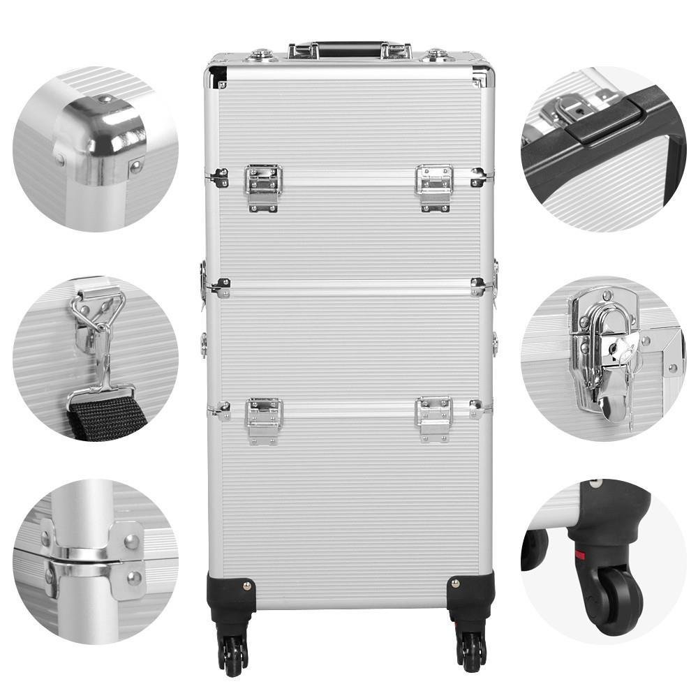 Yaheetech 3 in 1 Professional Aluminum Rolling Makeup Trolley Artist Train Case Cosmetic Organizer Makeup Case(4 wheeler accessories) Silver