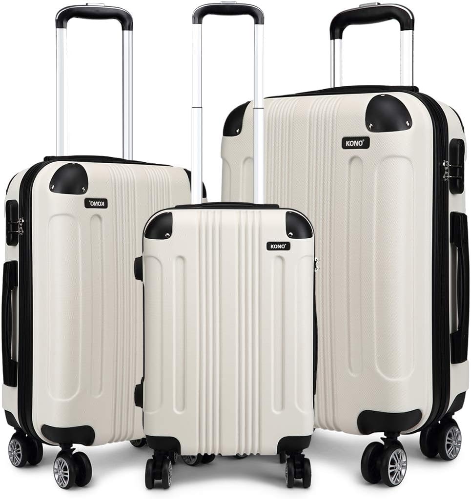 Kono 3pcs Luggage Sets Travel Trolley Case Hard Shell ABS Light Weight Suitcase with 4 Spinner Wheel Fashion Luggage for Business Holiday (White Set)