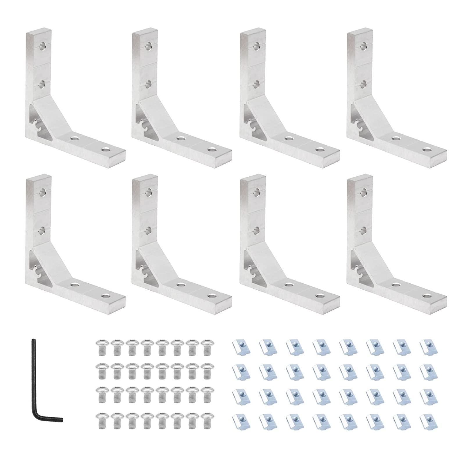 8Pcs 2020 Corner Brackets Set with 32Pcs M5 T Slot Nuts, 32Pcs M5x12mm Hex Socket Cap Screw and 1Pcs M3 Wrench for 2020 Series Aluminum Extrusion Profile — image 1