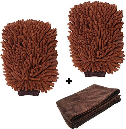 Car Wash Mitt, Wash Mitt 3 Pack for Car Ultra-fine Fiber Chenille Wash Glove with Free Clean Towels, Furniture, Glass Cleaning Brown