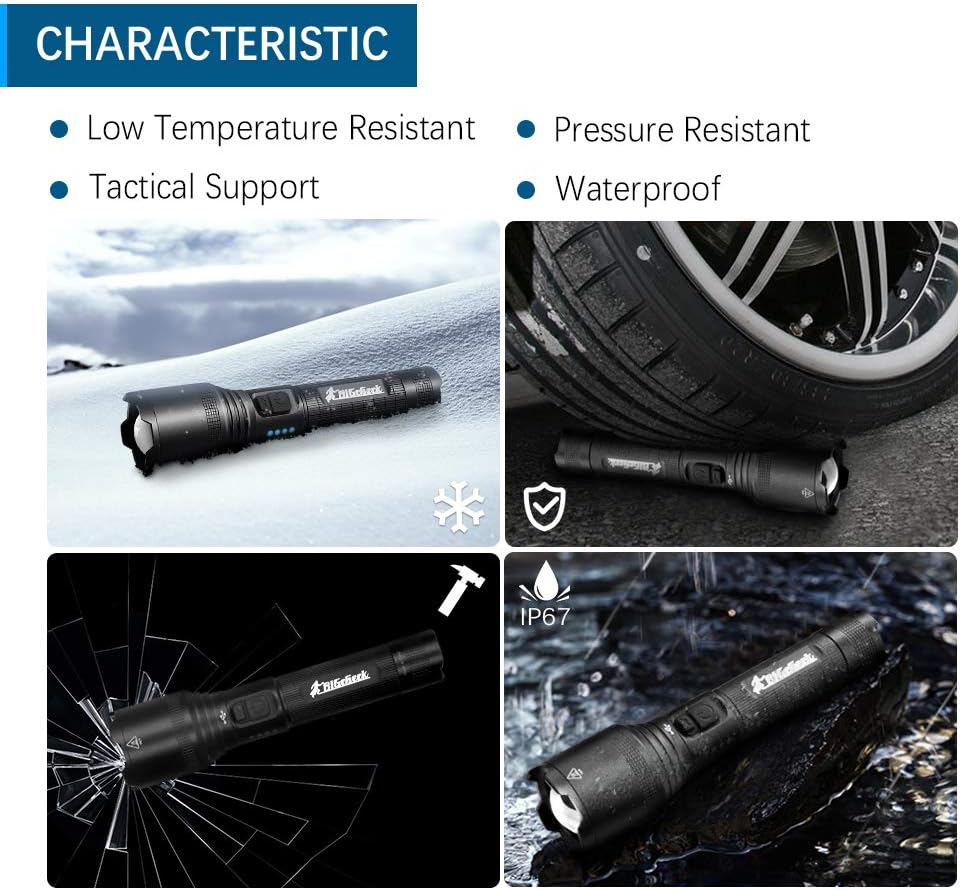 Super Bright Flashlight, LED High Lumens Flashlights, Emergency Strobe 18650 Battery Rechargeable 5 Modes 4X Zoomable IP67 Waterproof Powerful Flash Lights, BigCheck EDC Everyday Flashlights - - 