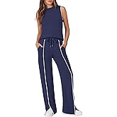 Casly Lamiit Women's 2 Piece Outfits Summer Casual Mock Neck Sleeveless Top Wide Leg Pant Sets Front Slits Travel Sweatsuit