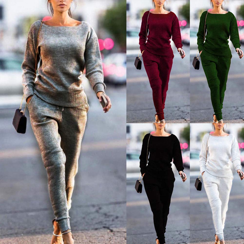 HFDJTAFS 2Pcs Knitted Sports Sets Women Sweater Tracksuit Slim Autumn Winter O-Neck Hoodies Sweatshirts Pants Daily Suits Sportswear