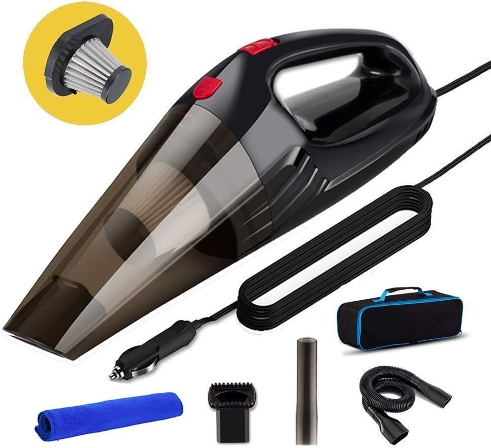 Techzere Powerful Car Handheld Vacuum Cleaner with Multiple Attachments & Storage Bag. Free Spare Filter & Microfiber Cloth Black