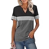 JDWZSI Women's V Neck Short Sleeve Shirts Casual Color Block Tops Summer Basic Tees Fashion Clothes Outfits