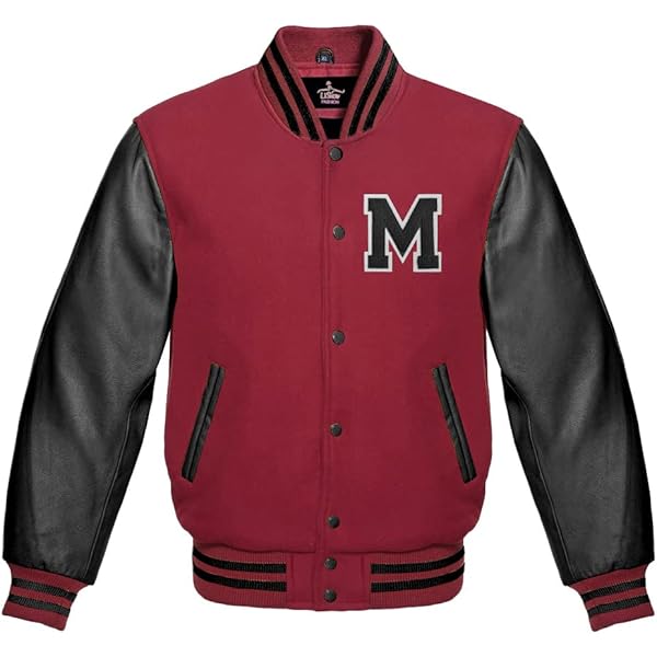 Men's Varsity Baseball Letterman Bomber Red Wool & Black Genuine