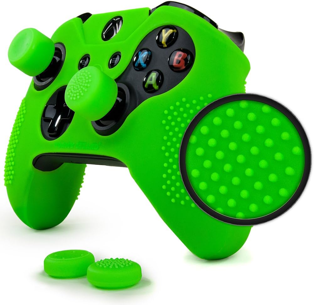 ParticleGrip Studded Skin Set for Xbox One (& One S) by Foamy Lizard – Patent Pending Silicone Skin Cover Antislip Studs Plus Matching Set of 4 AceShot Analog Thumbgrips (Green)