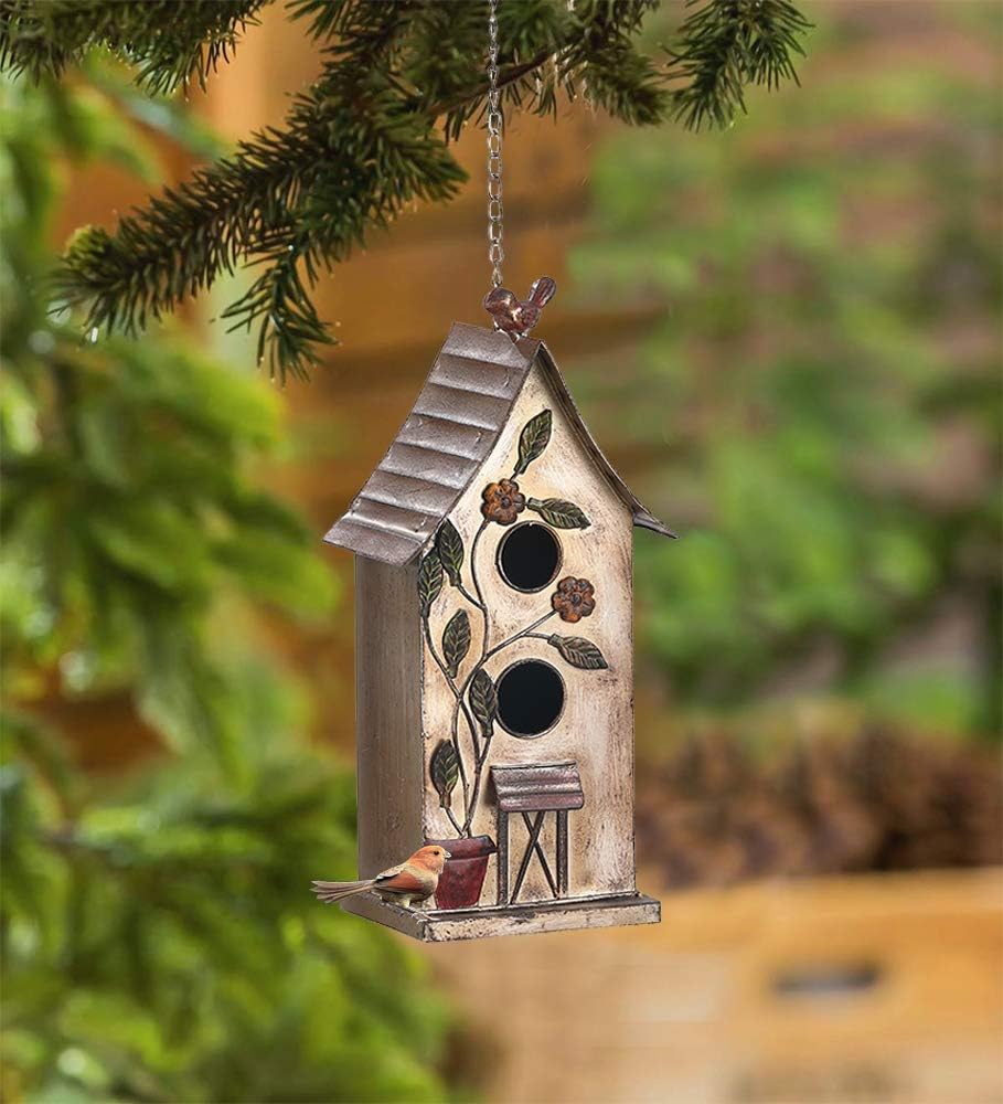 Brogan 15" H Distressed Metal Birdhouses for Outdoors Hanging, Bird House Decorative for Outside Garden Yard, Double Hole with Floral Accents : Garden & Outdoor