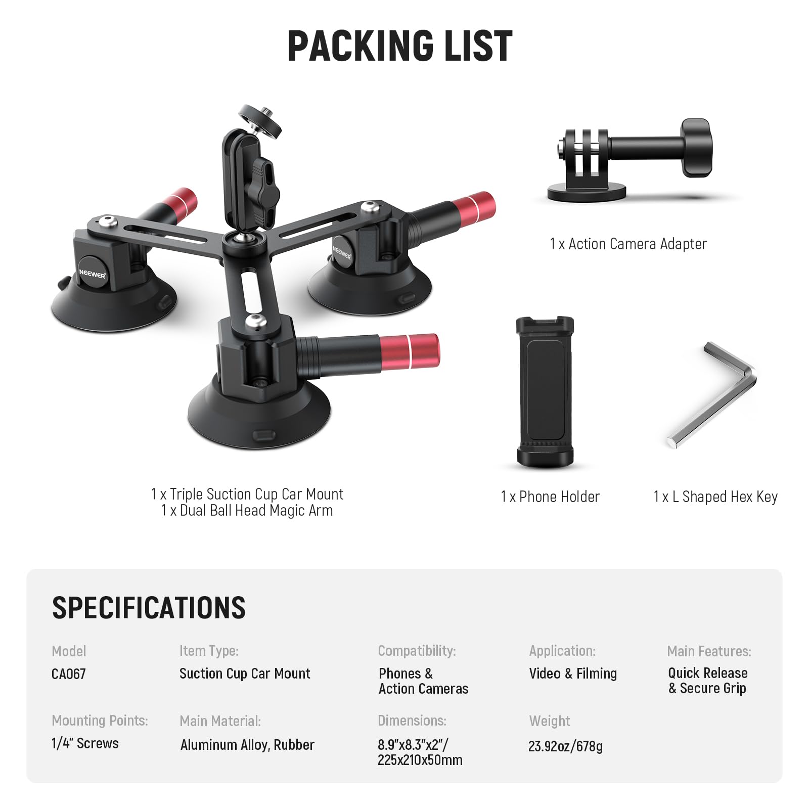 Neewer Triple Suction Cup Camera Car Mount [Simplified] with Phone Holder & Action Camera Adapter Compatible with iPhone GoPro OSMO Action Pocket 4 3 2 Hero 12 11 10 Insta360 Samsung, CA067