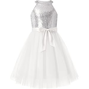 GRACE KARIN Girls Sequin Tulle Halter Dress Party Formal Gown | Sparkly Glitter Sequins, Soft Tulle Skirt, Satin Bow Belt, Kn