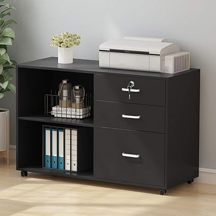 Amazon Com Tribesigns 3 Drawer Wood File Cabinets With Lock Large Modern Lateral Mobile Filing Cabinets Printer Stand With Wheels Open Storage Shelves For Home Office Black With Lock Kitchen Dining