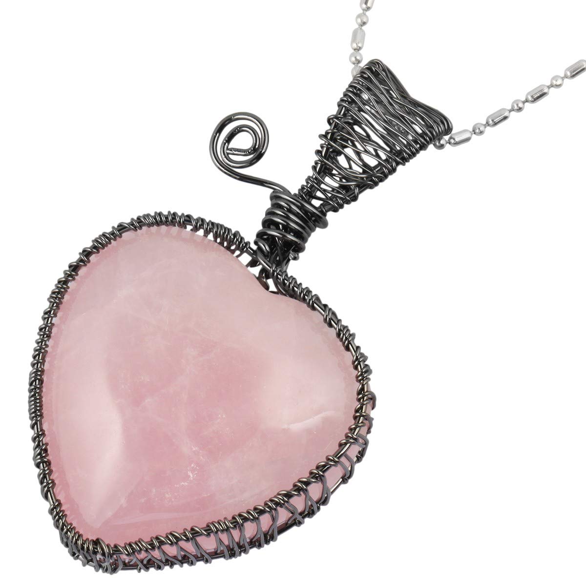 mookaitedecor Pink Rose Quartz Healing Crystal Heart Pendant Necklace for Women Mum Wife, Boho Style Fancy Wire Wrapped Reiki Chakra Tumbled Stone Necklace Quartz Jewellery Mother's Day Crystal Gift