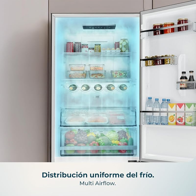 Bolero CoolMarket Combi 322i WD Inox E. 322L Total No Frost Combi Frigorífico. 185,5 cm de altura, 59,5 cm de largura, Classe E, Tecnologia Multi Airflow, HumidityFlex HUB, LED interior, Aço Inoxidável