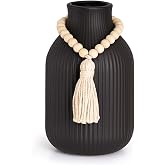JOHOUSE Black Ceramic Vase, 7.9 Inch Flower Vase for Pampas Grass | Modern Minimalist Ribbed Decorative Vase with Wooden Beads Tassel for Living Room Entryway Farmhouse Office Wedding
