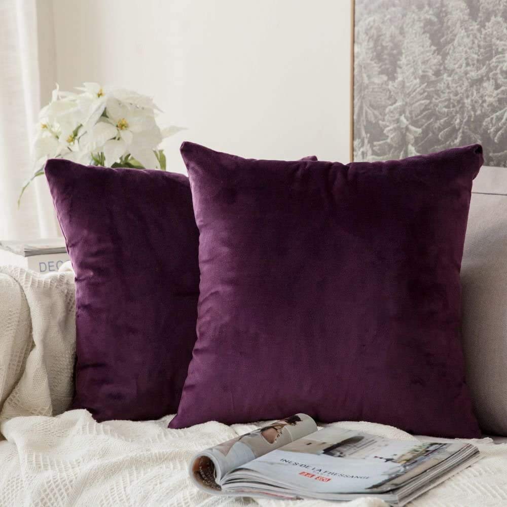 MIULEE Decorative Velvet Cushion Covers 45cm x 45cm/Square Throw Pillowces for Sofa Bedroom with Invisible Zipper 18x18 Inch Aubergine Purple Sets of 2 — image 1
