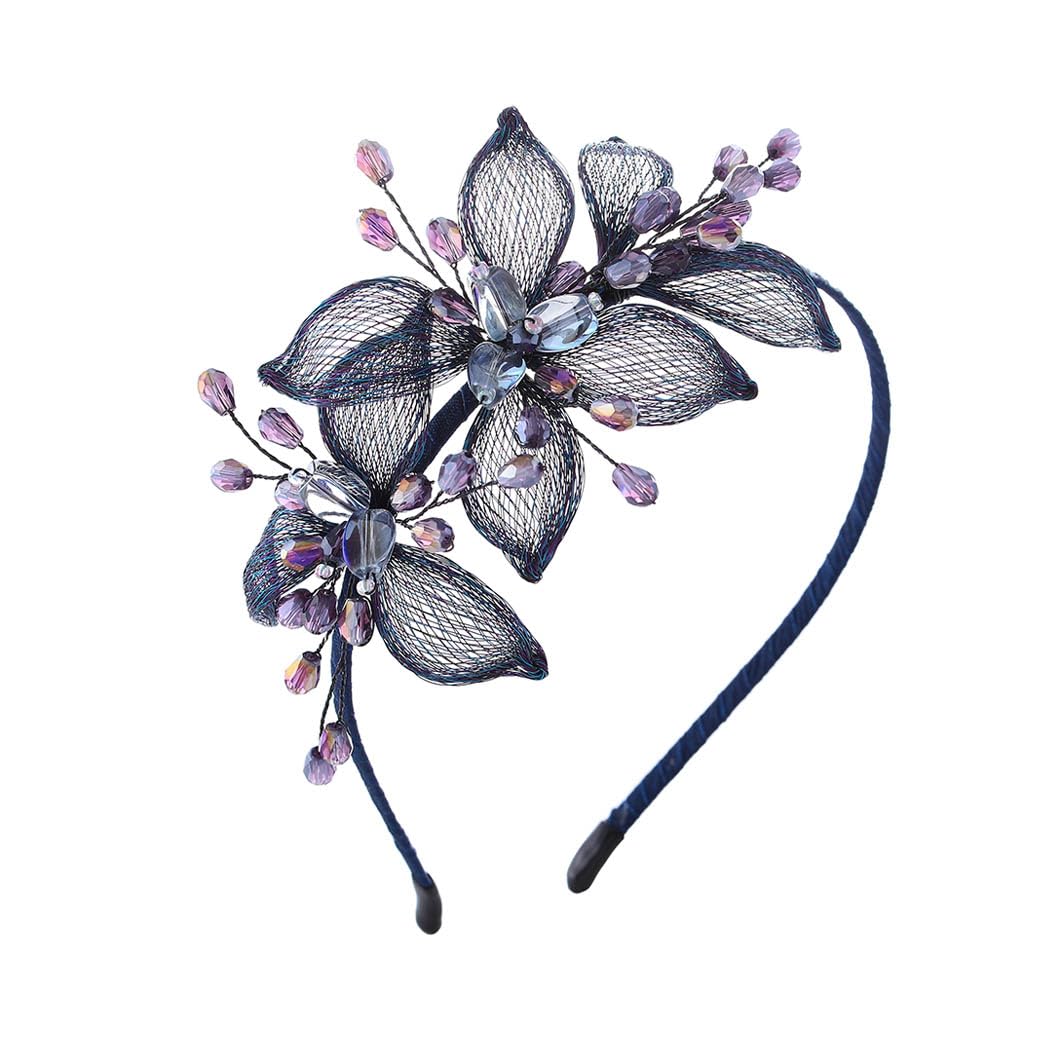 IYOU Flower Copper Wire Headbands Navy Blue Crystal Hair Bands Handmade Vintage Party Prom Wedding Hair Accessories for Women
