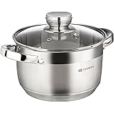 Daniks Standard 2 Quart Stainless Steel Stock Pot with Glass Lid, Try-Ply Bottom for Even Heating, Induction Compatible, Dishwasher Safe, Built-In Measuring Scale, Silver