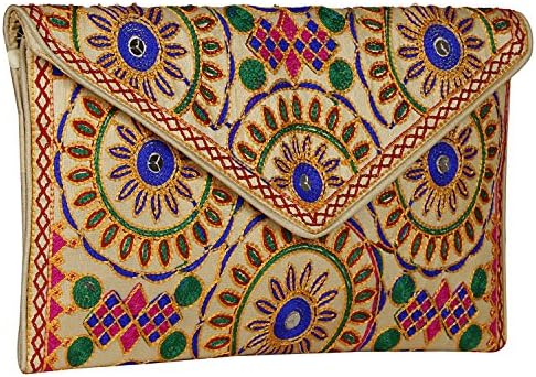 Women Embroidered Fold-Over Sling Bag with Pom-Pom Strap, Zipper and Magnetic Closure