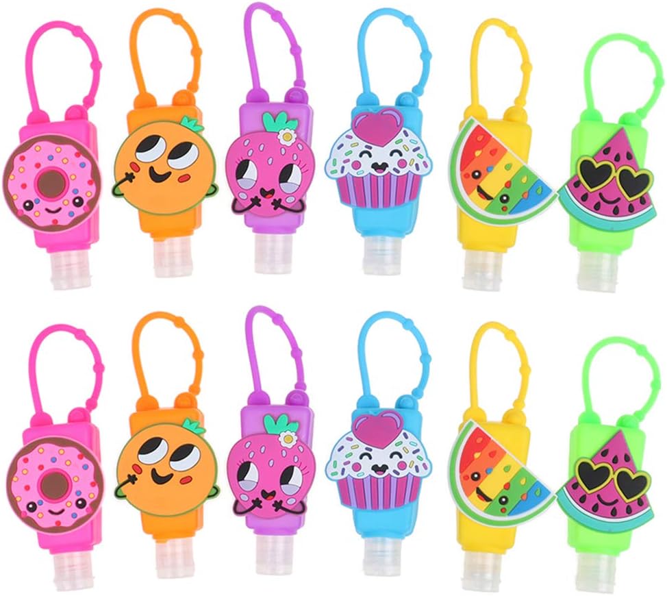 Poluka 10Pcs Cartoon Silicone Hand Refillable Bottles with Fruit Patterns Mini 30ml Detachable Kids Travel Portable Plastic Leak Proof Liquid Soap Bottles Keychain Carriers-Random Patterns