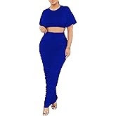 Euulin Women's 2 Piece Outfits Flare Sleeve Crop Tops Sexy Bodycon Jumpsuits Maxi Dresses Midi Ruched Skirt Sets
