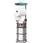 Upgraded Toilet Paper Holder Stand for Bathroom, Holds 3 Big Rolls of Jumbo Mega Paper, Top Shelf for Wipes Tissue, Sturdy Freestanding Paper Roll Dispenser, Floral Pattern, Bronze Red