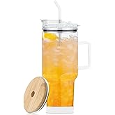 AiHeart Glass Tumbler with Lid and Straws,40oz Glass Tumbler with Handle,Drinking Glasses with Silicone Coaster,Water Bottle,Smoothie Cups,Beer Cups,Ice Coffee Cup,Fits in Cup Holder-White