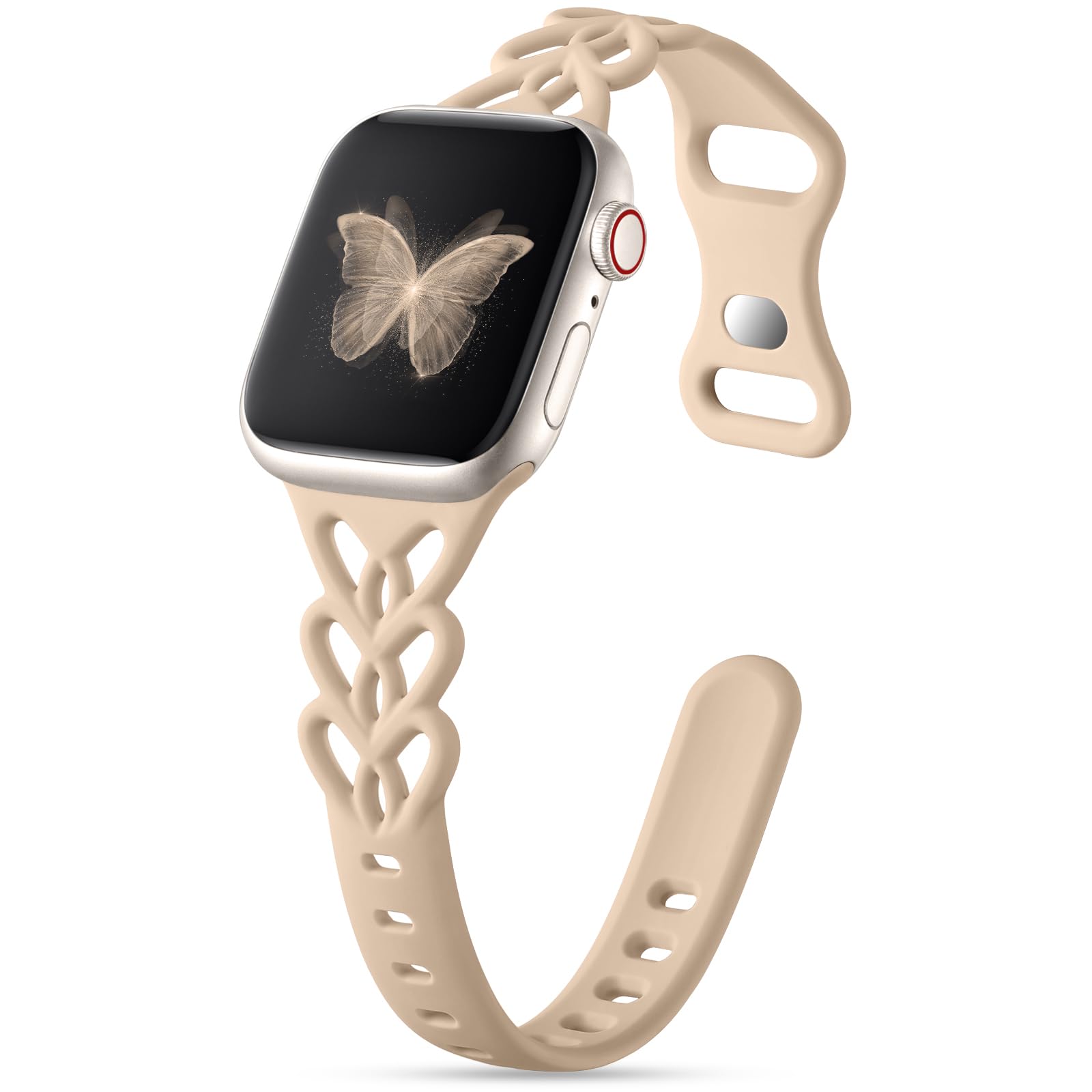 Cute Heart Lace Slim Braided Band: 38mm 40mm 41mm Series 11 10 42mm for Apple Watch Bands Women Thin Breathable Silicone Narrow Hollow Out Sport Strap for iWatch SE 2 Series 10 9 8 7 6 5 4 3 Milk Tea
