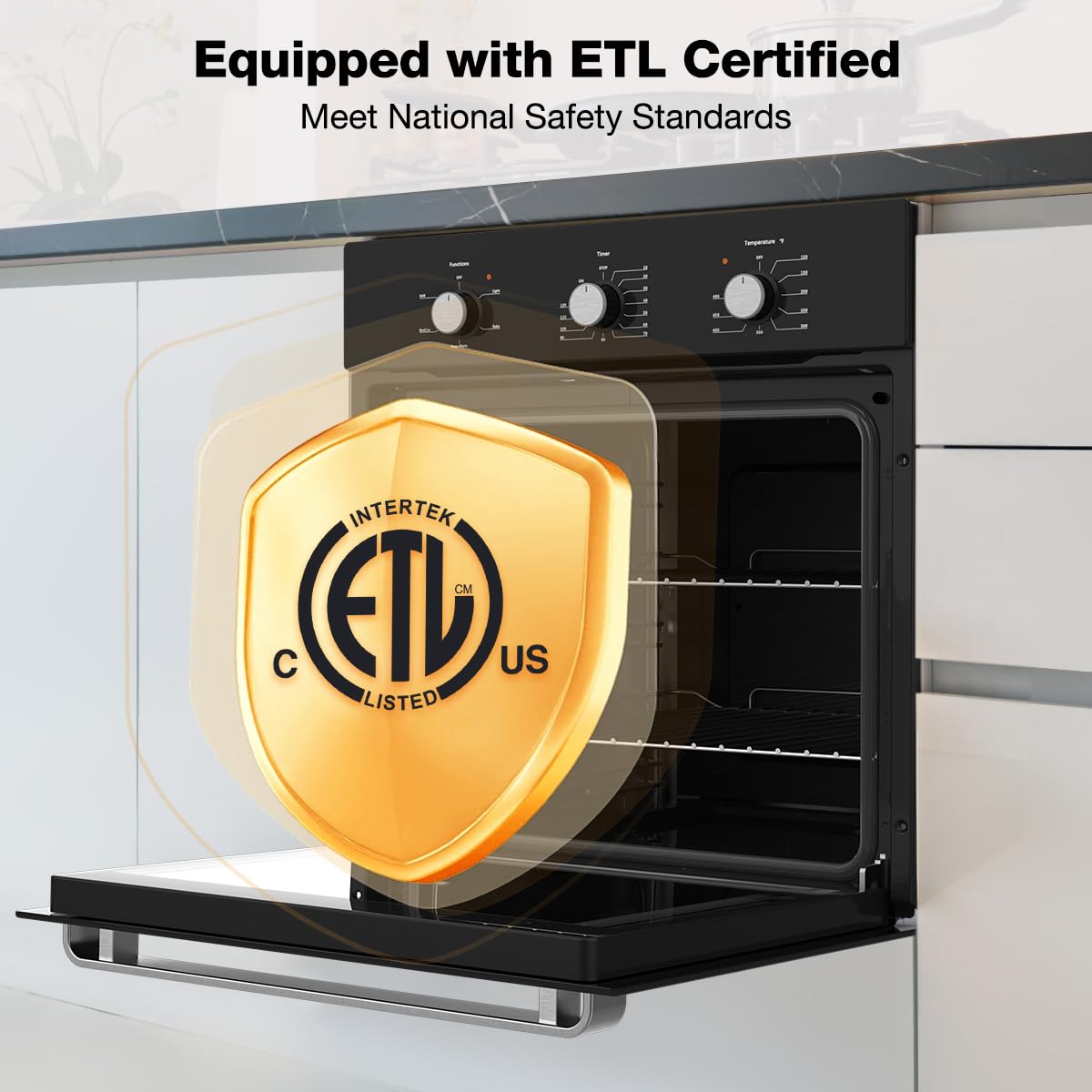 24 Inch Single Wall Oven, ETL Certified, ThermoMate 2.79 Cu. Ft. Built-in Electric Wall Oven with 5 Cooking Functions, Built-in Ovens with Anti-Mistouch Knob, Black Tempered Glass Finish