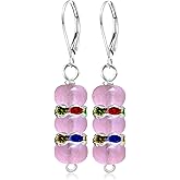 Silver Real Stone Dish Bead Drop Earrings,Natural Quartz Crystal Gemstone Dangle Earrings Beading Jewelry for Women