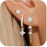 Eathareel Sterling Silver Stud Hoop Earrings Set, Dainty Gold Silver Flower Chain Earrings for Multiple Piercing, Hypoallergenic Earring Jewelry for Women Trendy 2025