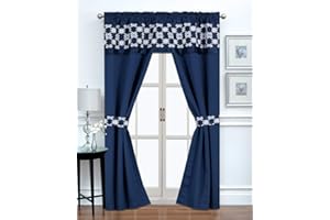 Regal Home Collections Leila Room Darkening Curtains 5-Piece Set - Rod Pocket Window Curtain Panels with Embroidered Valance and Tie Backs - Blocks Light Up to 90% (56in W x 84in L, Navy/White)